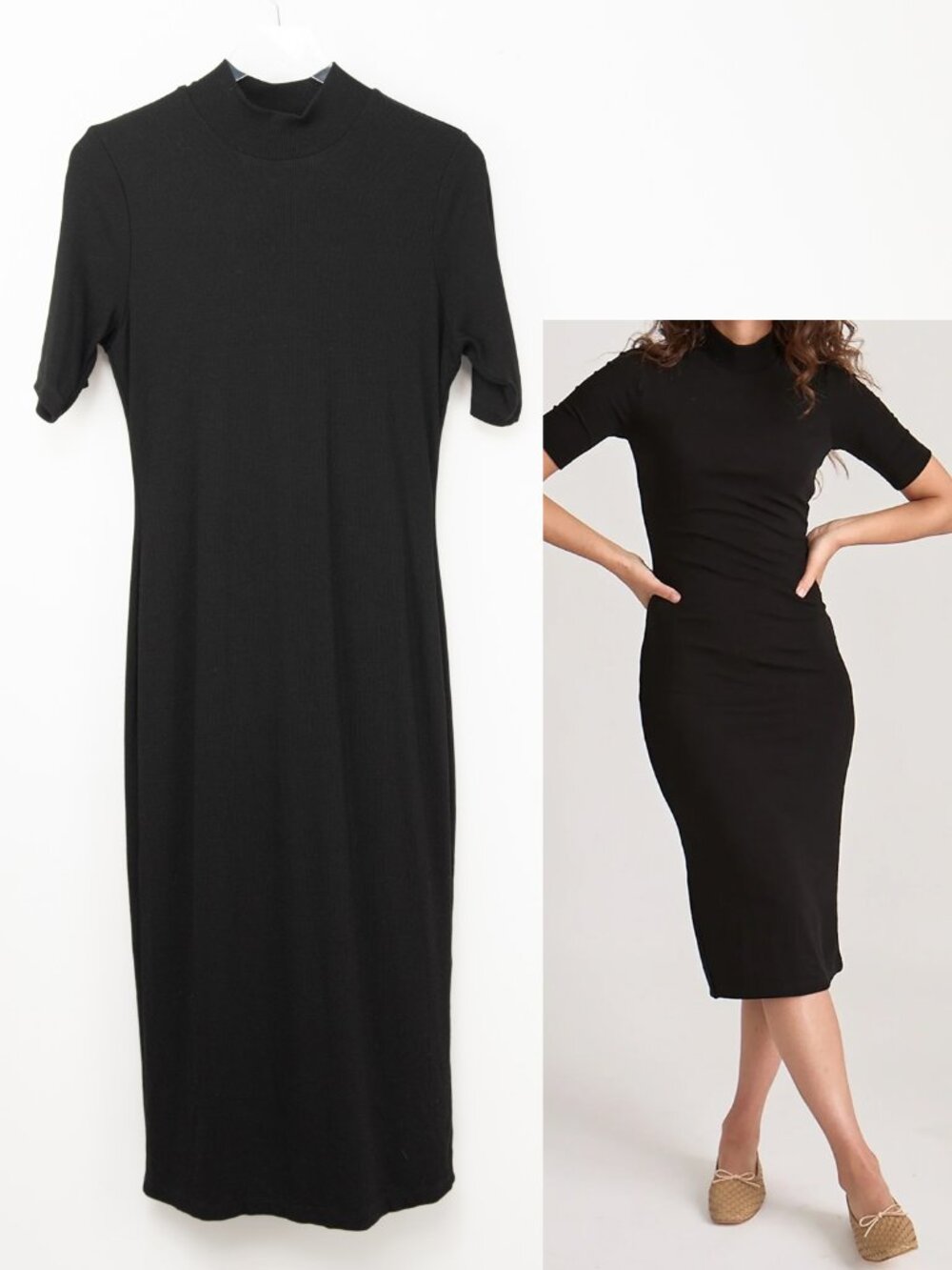 Marine Layer Lexi Rib Mock Neck Midi Dress Midi Short Sleeve Black Size XL